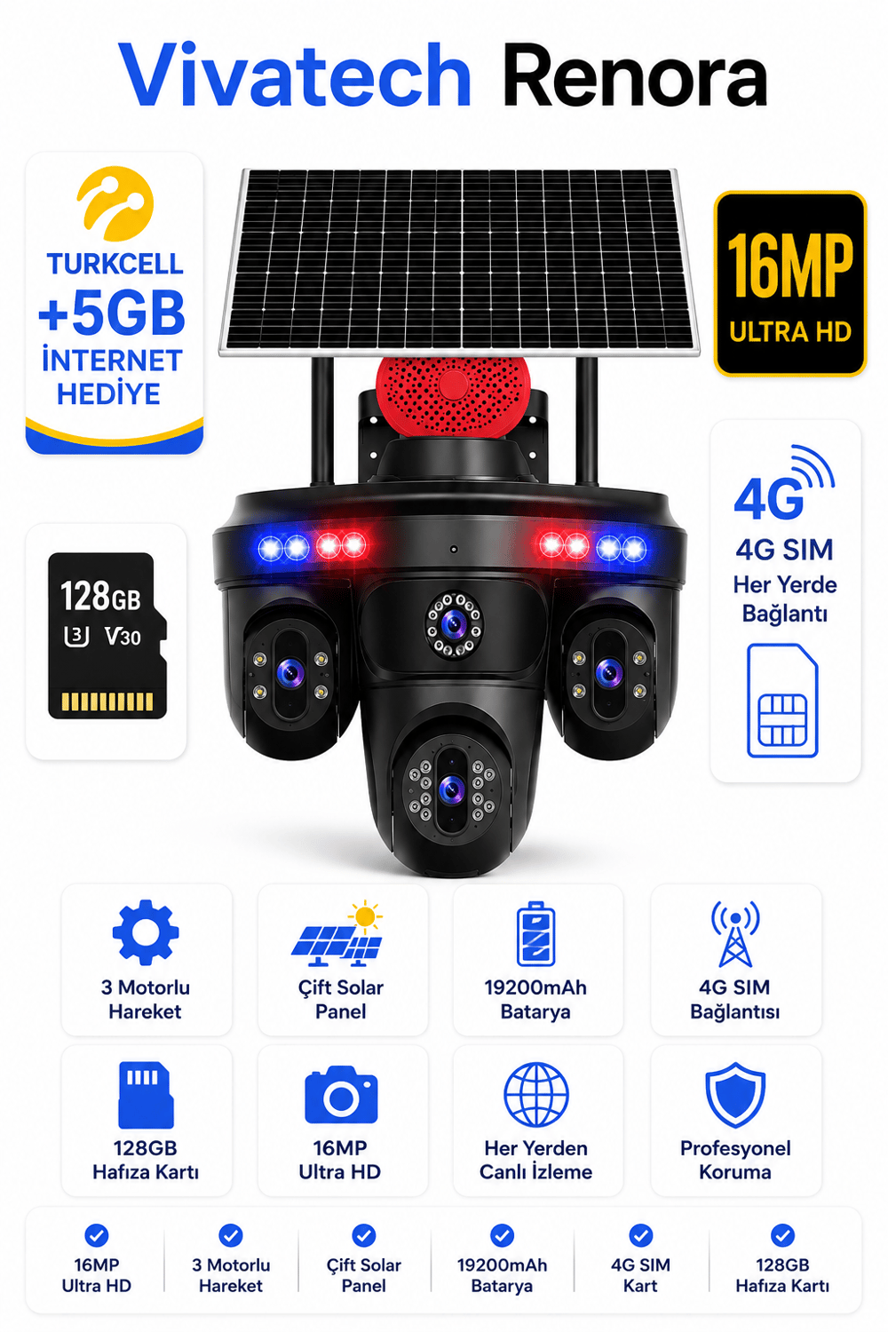 Vivatech Renora 128GB Hafıza Kartlı 4G Çift Solar Panelli Güvenlik Kamerası - 16MP 3 Motorlu Hareketli , 19200mAh Bataryalı (+5GB İnternet)