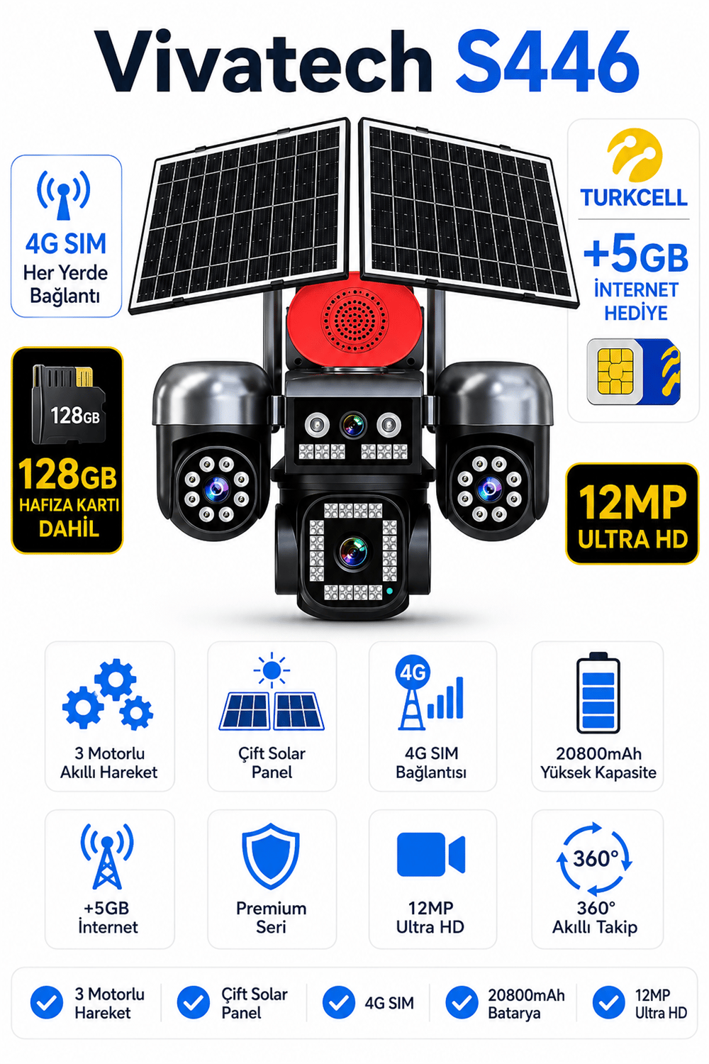 Vivatech S446 128GB Hafıza Kartlı 4G Çift Solar Panelli Güvenlik Kamerası - 12MP 3 Motorlu Hareketli , 20800mAh Bataryalı (+5GB İnternet)