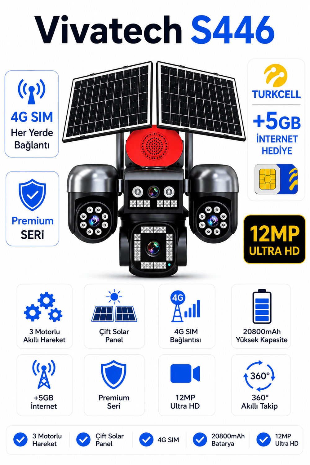 Vivatech S446 4G Çift Solar Panelli Güvenlik Kamerası - 12MP 3 Motorlu Hareketli + 1 Sabit , Sirenli 20800mAh Bataryalı HiEasy