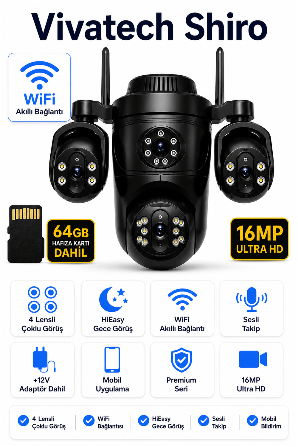 Vivatech Shiro 64GB Hafıza Kartlı WiFi Akıllı Güvenlik Kamerası - 16MP 4 Lensli Çoklu Görüş, HiEasy Gece Görüş Sesli Takip (+12V)