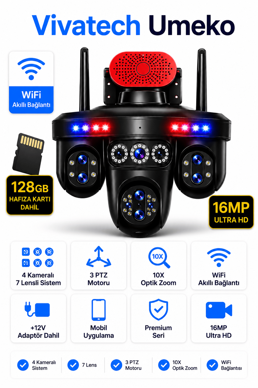 Vivatech Umeko 128GB Hafıza Kartlı WiFi Akıllı Güvenlik Kamerası - 16 MP 4 Kameralı 7 Lensli, 3 PTZ Motorlu 10X Optik Zoom (+12V Adaptör)
