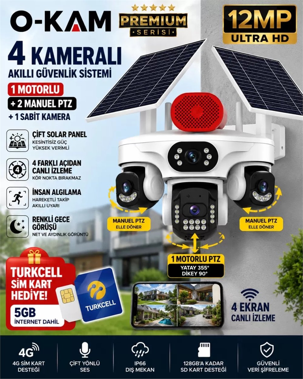 Vivatech UMEKO 4 Kameralı 7 Lensli WiFi Kamera 3 PTZ 10X Optik Zoom IP66 Gece Görüş + 12V Adaptör