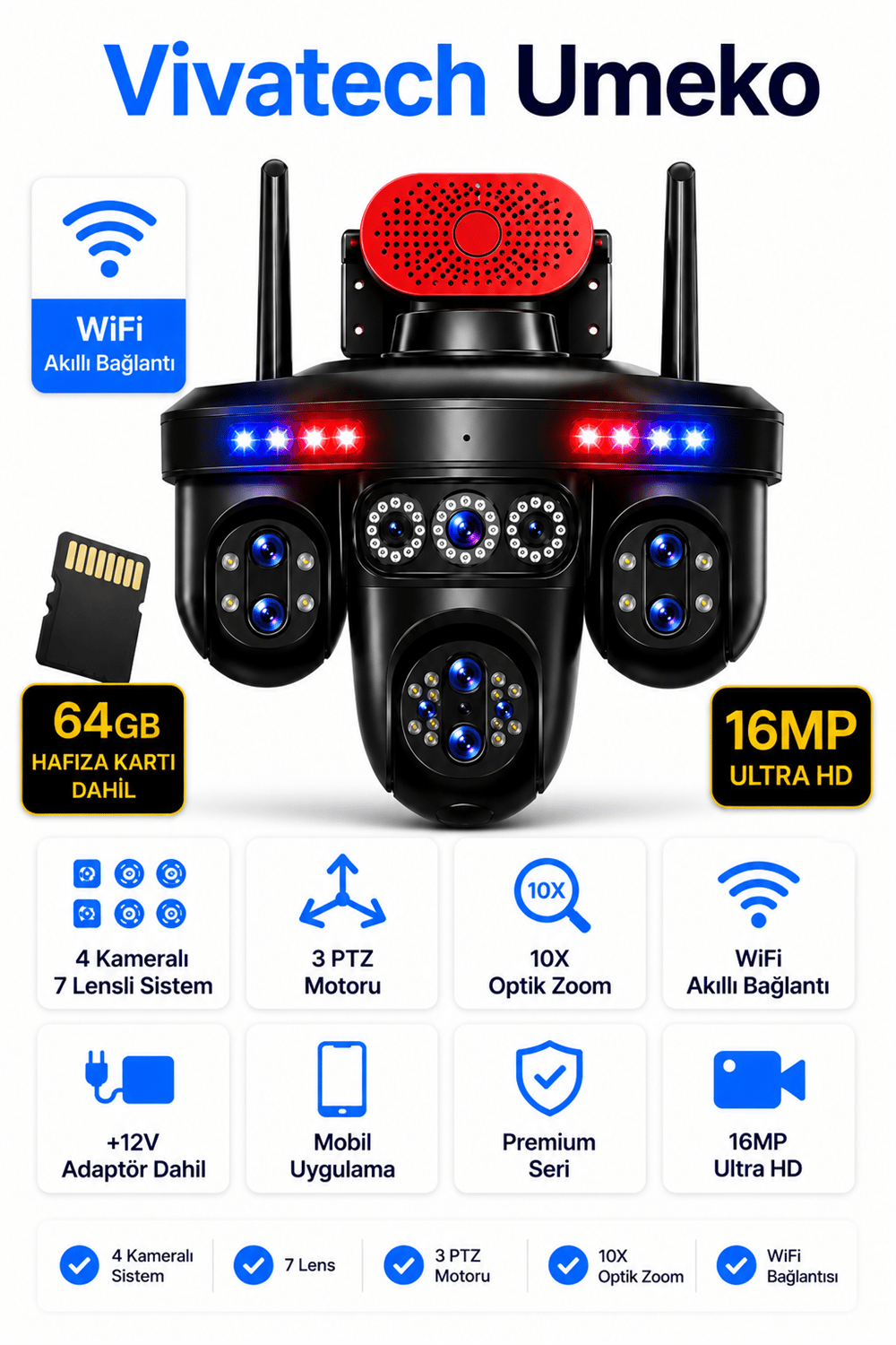 Vivatech Umeko 64GB Hafıza Kartlı WiFi Akıllı Güvenlik Kamerası - 16 MP 4 Kameralı 7 Lensli, 3 PTZ Motorlu 10X Optik Zoom (+12V Adaptör)