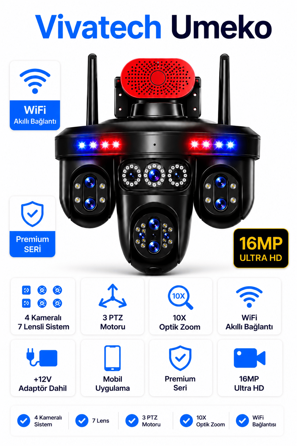Vivatech Umeko WiFi Akıllı Güvenlik Kamerası - 16 MP 4 Kameralı 7 Lensli, 3 PTZ Motorlu 10X Optik Zoom IP66 Gece Görüş (+12V Adaptör)