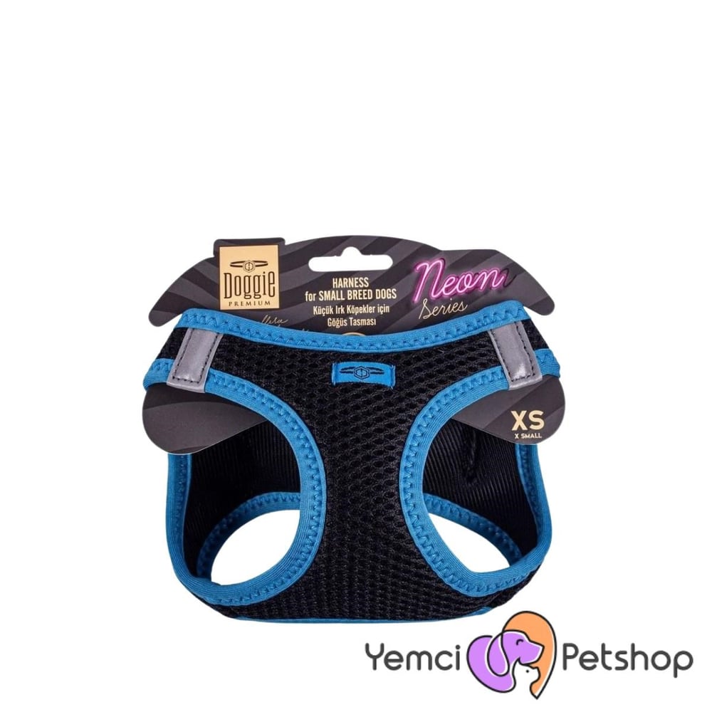 DOGGİE HAVALI DOKUMA NEON SERİSİ KÜÇÜK IRK GÖĞÜS TASMASI MAVİ 2XS-26-30CM