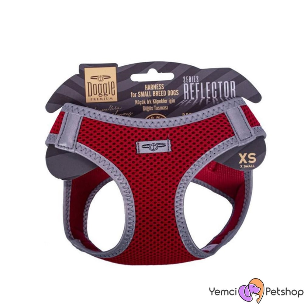 DOGGİE HAVALI DOKUMA REFLEKTÖR SERİSİ KÜÇÜK IRK GÖĞÜS TASMASI KIRMIZI XS-30-34CM