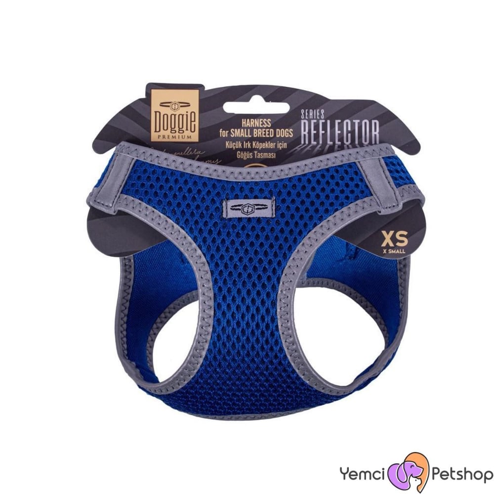DOGGİE HAVALI DOKUMA REFLEKTÖR SERİSİ KÜÇÜK IRK GÖĞÜS TASMASI MAVİ S-32-38CM