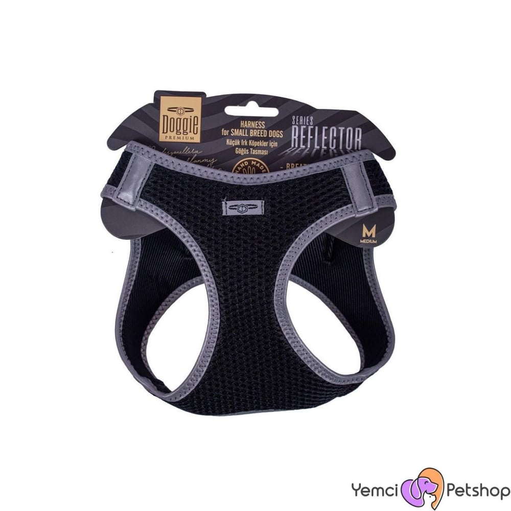 DOGGİE HAVALI DOKUMA REFLEKTÖR SERİSİ KÜÇÜK IRK GÖĞÜS TASMASI SİYAH 3XS-22-26CM