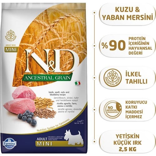 N&D Ancestral Grain Düşük Tahıllı Kuzu Etli ve Yaban Mersinli 2.5 kg Küçük Irk Yetişkin Köpek Maması