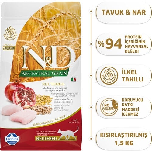N&D Düşük Tahıllı Tavuklu ve Narlı 1.5 kg Kısırlaştırılmış Yetişkin Kedi Maması