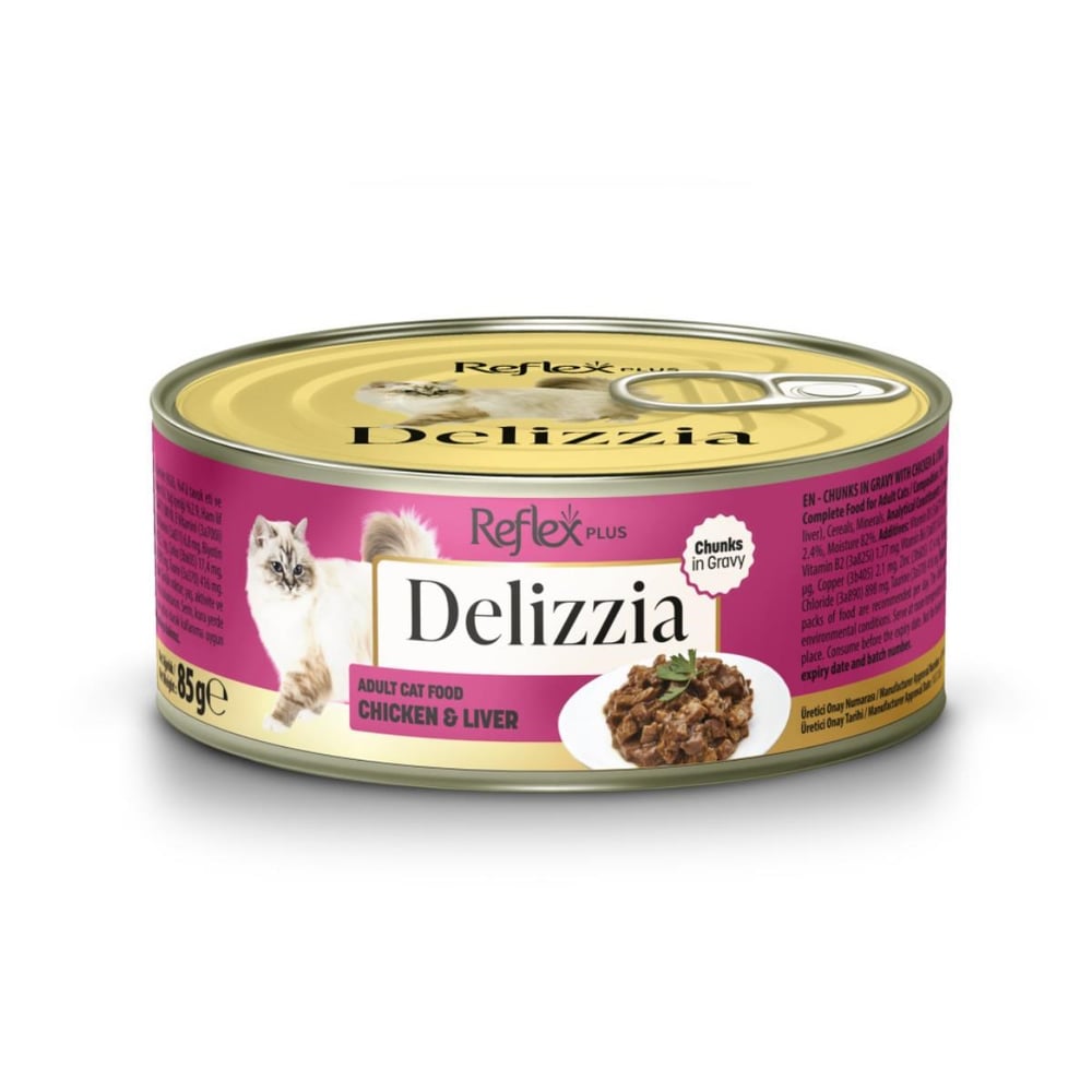 Reflex Plus Delizzia Sos İçinde Tavuklu ve Ciğerli Parça Etli Yetişkin Kedi Konservesi 85gr