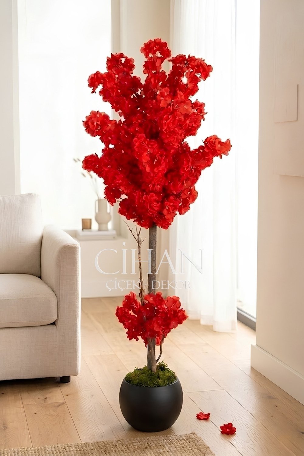 150 cm Yapay Kırmızı Bahar Dalı Ağacı - Küre Saksılı Dekoratif Salon Bitkisi
