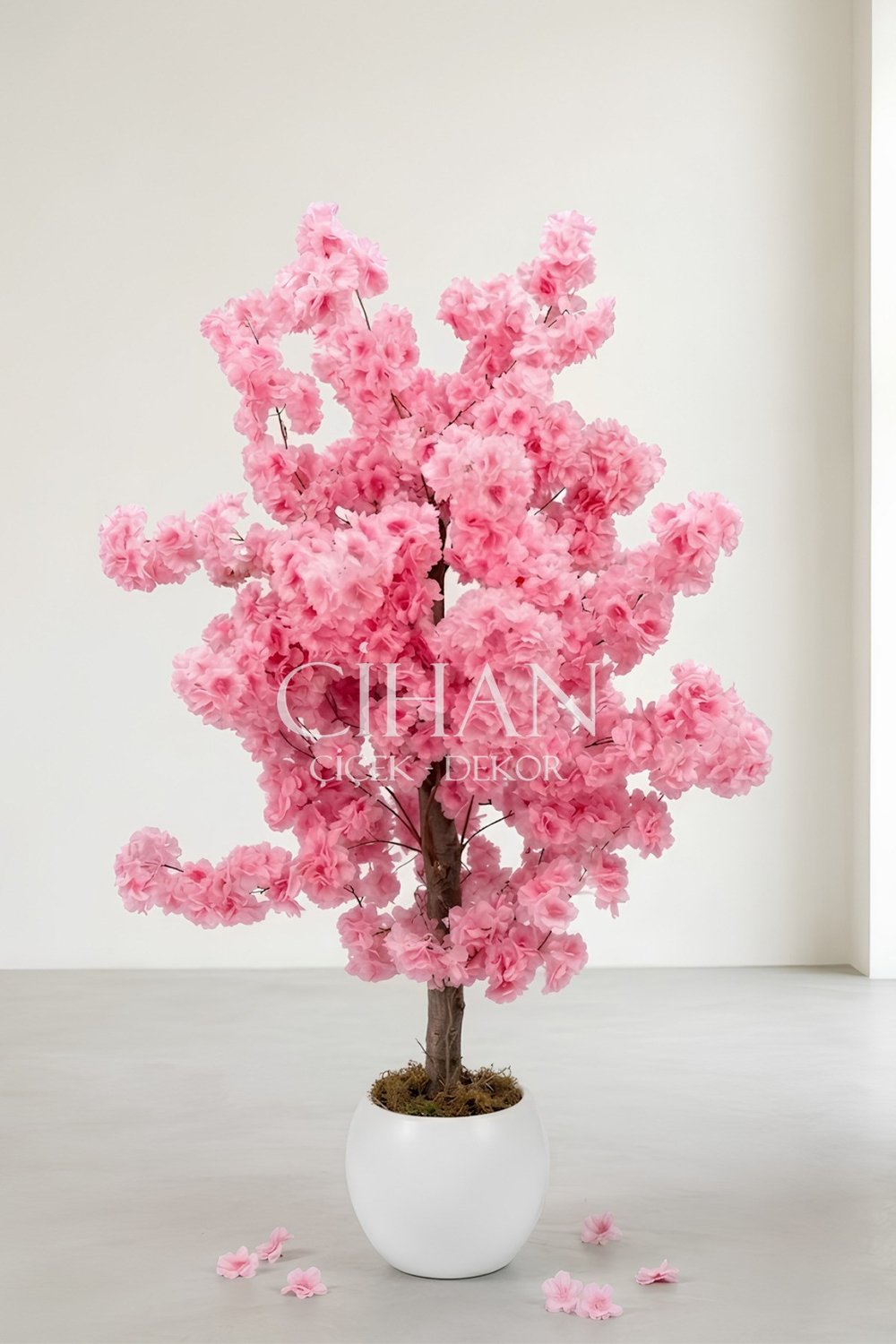 27*33 Küre Saksılı Yapay Pembe Bahar Dalı Ağacı 120 cm