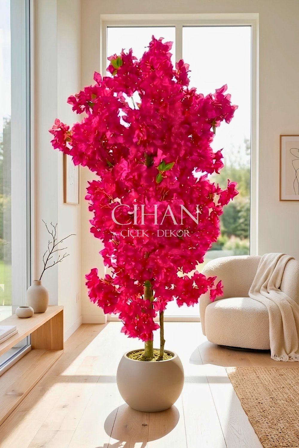 Fuşya Begonvil Yapay Ağaç 180 cm –30x30 Mocha Plastik Küre Saksılı