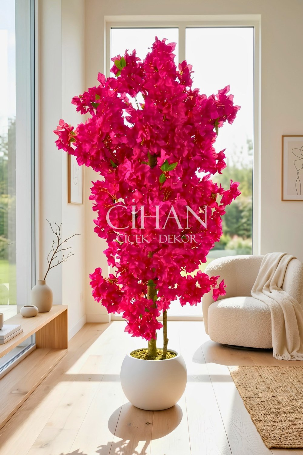 Fuşya Begonvil Yapay Ağaç 180 cm –30x30 Beyaz Plastik Küre Saksılı