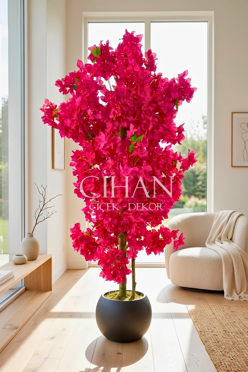 Fuşya Begonvil Yapay Ağaç 180 cm –30x30 Siyah Plastik Küre Saksılı
