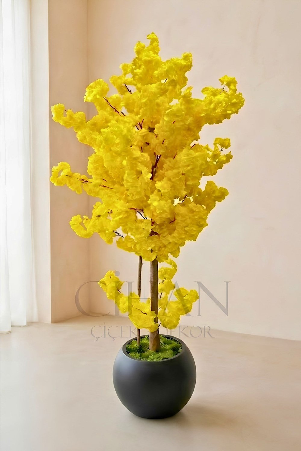 Lüks Sarı Yapay Bahar Dalı Ağacı Küre Saksılı 180 cm