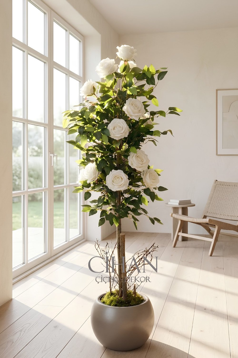 Yapay 10 Güllü Beyaz Gül Ağacı 150 cm 27x33 Mocha Küre Saksılı
