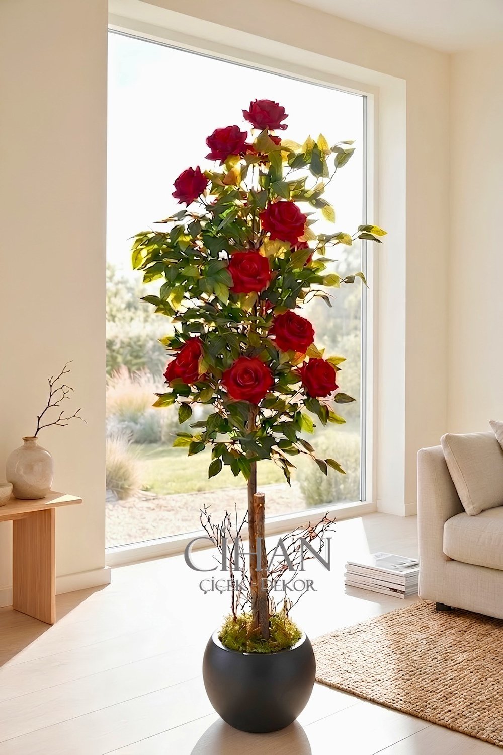 Yapay 10 Güllü Kırmızı Gül Ağacı 150 cm 27x33 Siyah Küre Saksılı