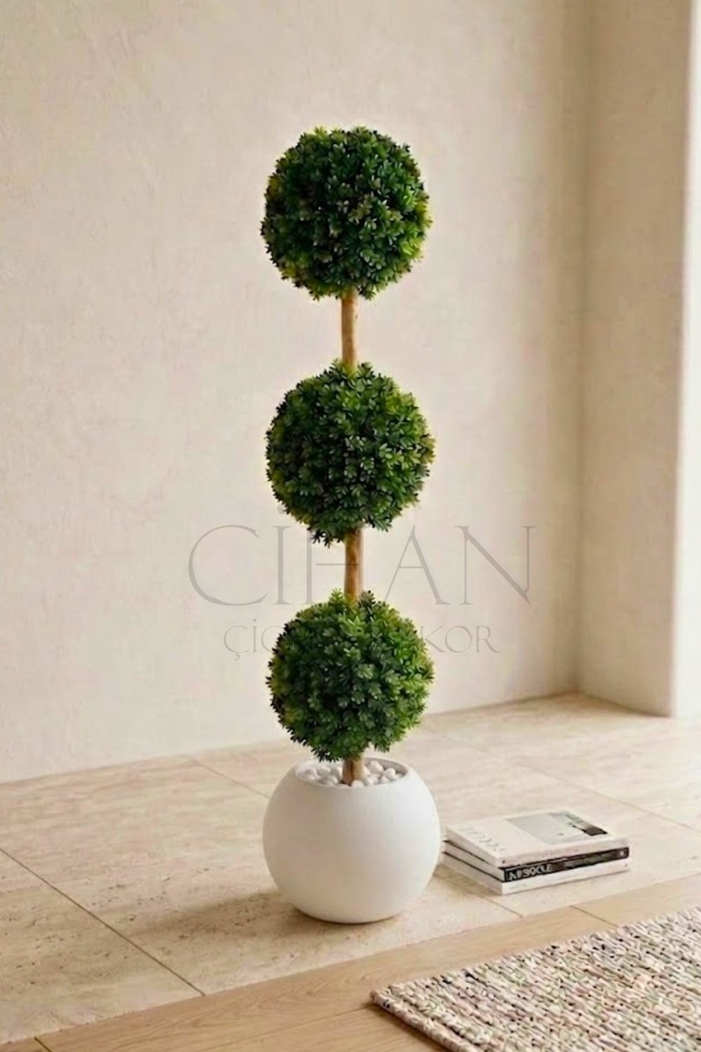 Yapay 3'lü Top Şimşir Ağacı - Beyaz Küre Saksılı 130cm