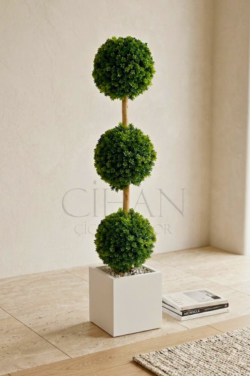 Yapay 3'lü Top Şimşir Ağacı - Kare Saksılı 130cm