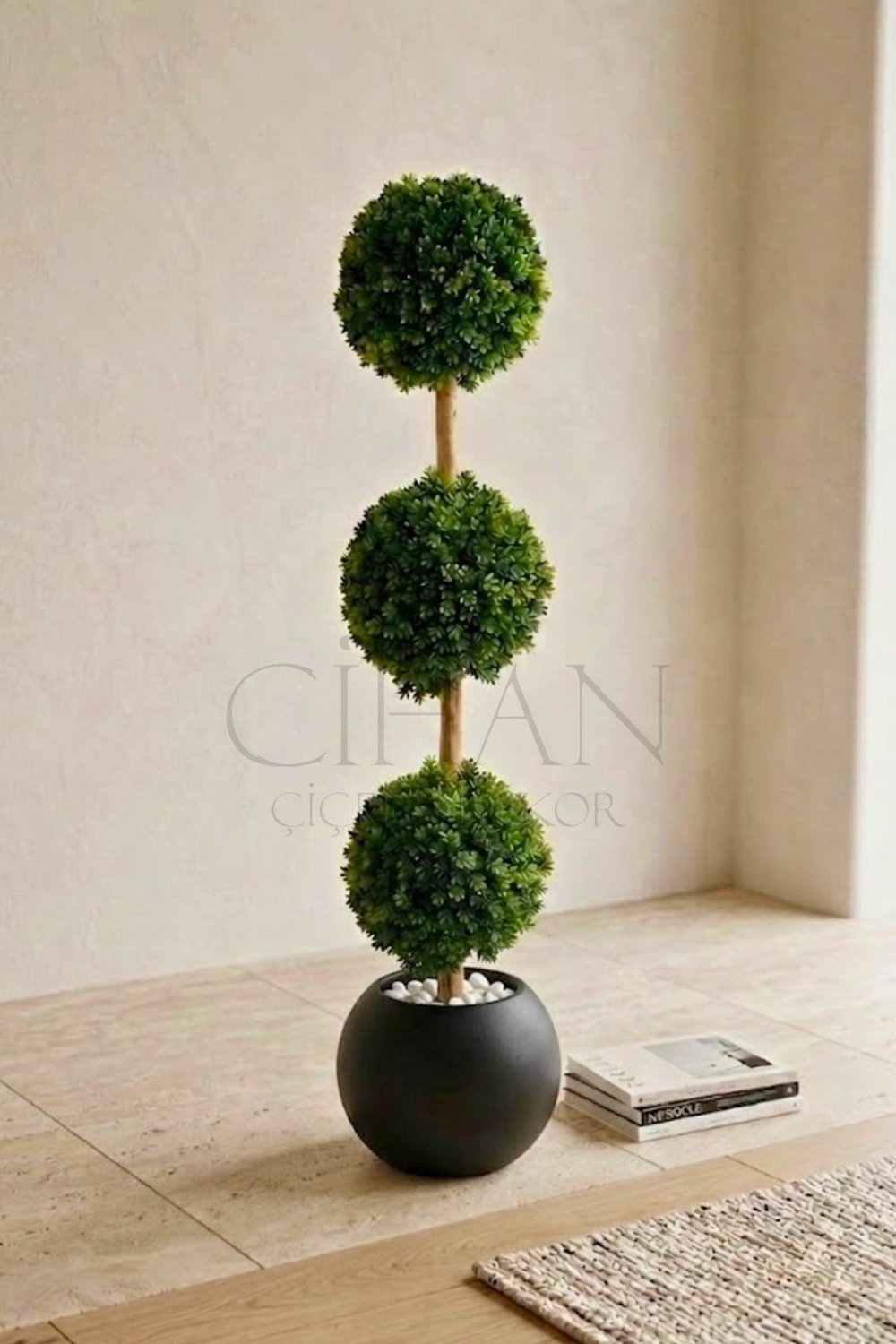 Yapay 3'lü Top Şimşir Ağacı - Siyah Küre Saksılı 130cm