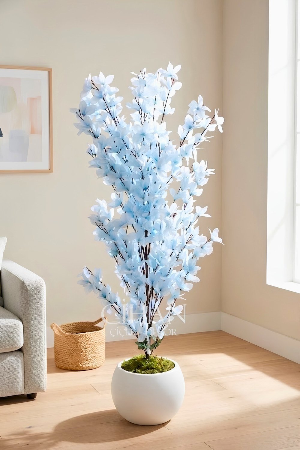 Yapay Açık Mavi Sakura Kiraz Çiçeği Ağacı 120 cm - Küre Plastik Saksılı 27x33 cm Saksı