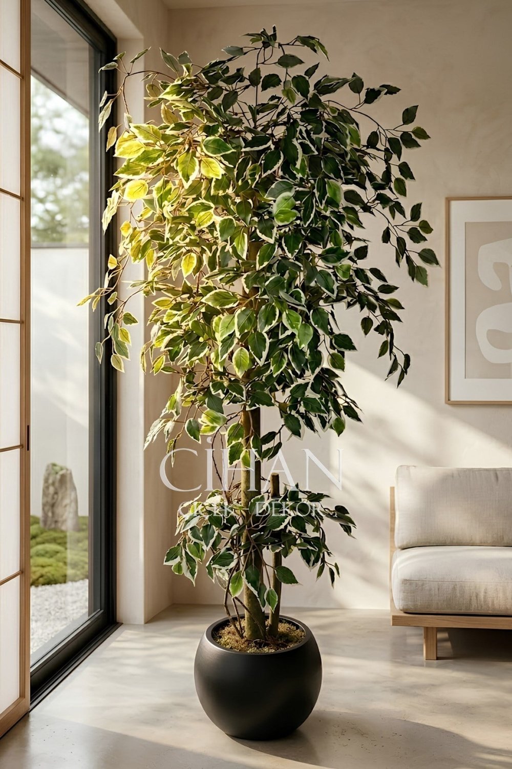 Yapay Benjamin Starlight Ağacı Beyaz-Yeşil 175 Cm Küre Saksılı
