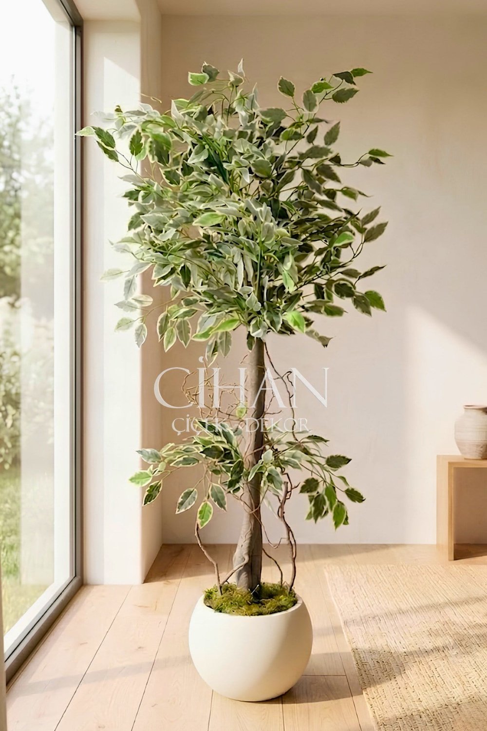 Yapay Benjamin Starlight Ağacı Beyaz-Yeşil 120 Cm Küre Saksılı