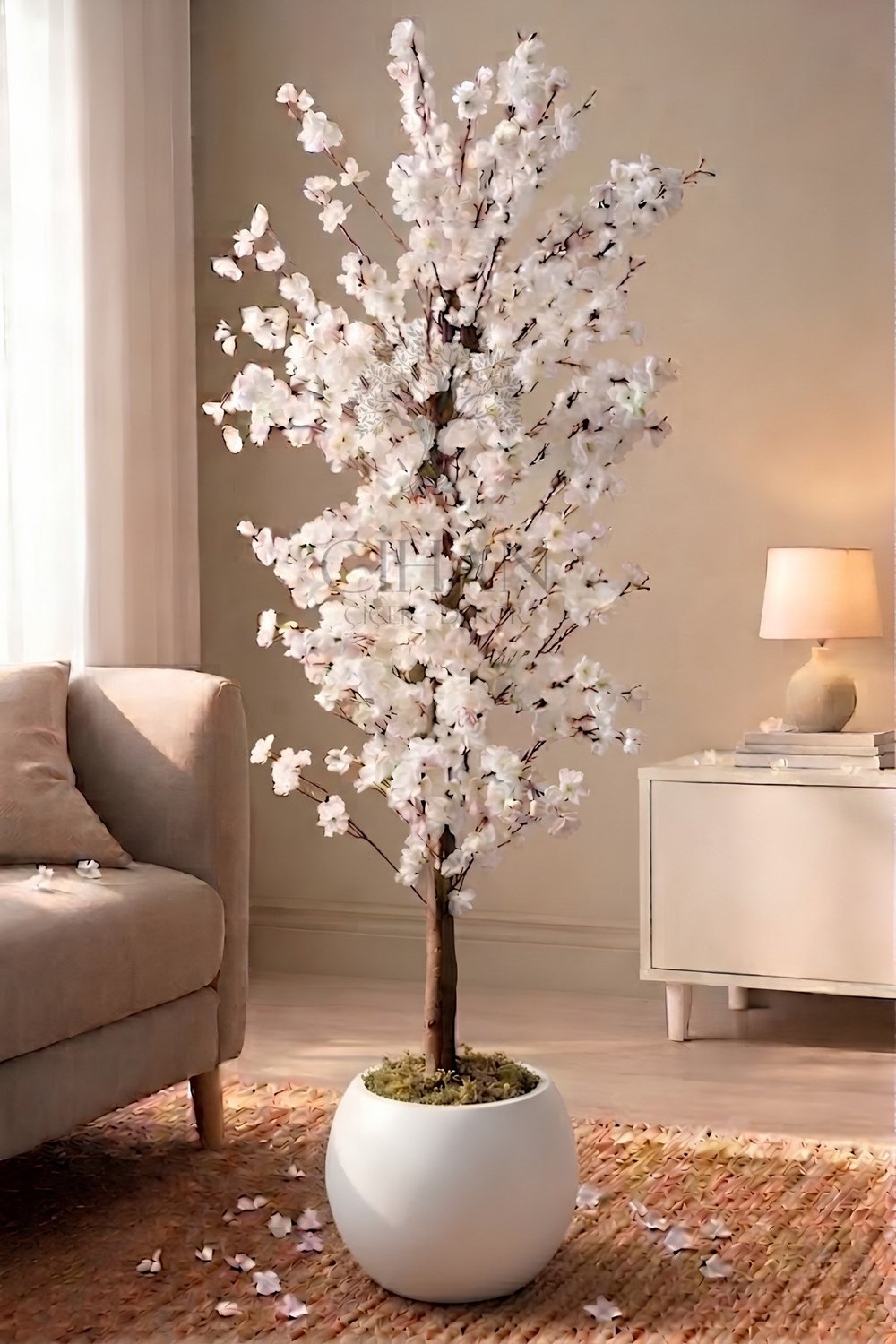 Yapay Beyaz Bahar Dalı Ağacı 140cm- 27x33 cm Küre Saksılı