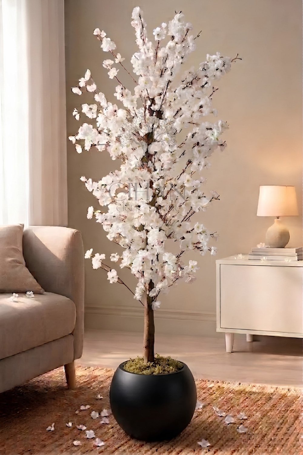 Yapay Beyaz Bahar Dalı Ağacı 140cm- 27x33 cm Küre Saksılı