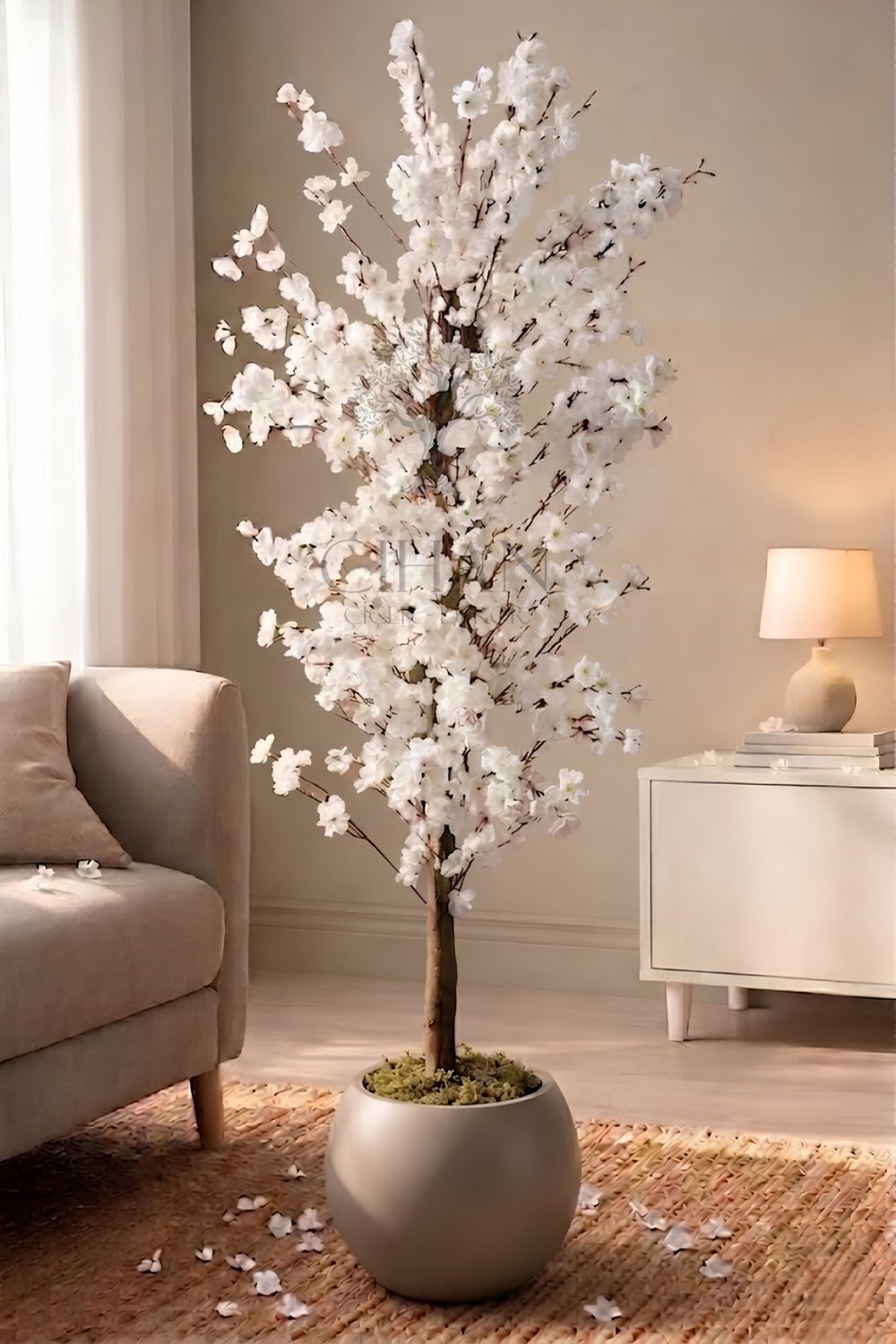 Yapay Beyaz Bahar Dalı Ağacı 140cm- 27x33 cm Küre Saksılı