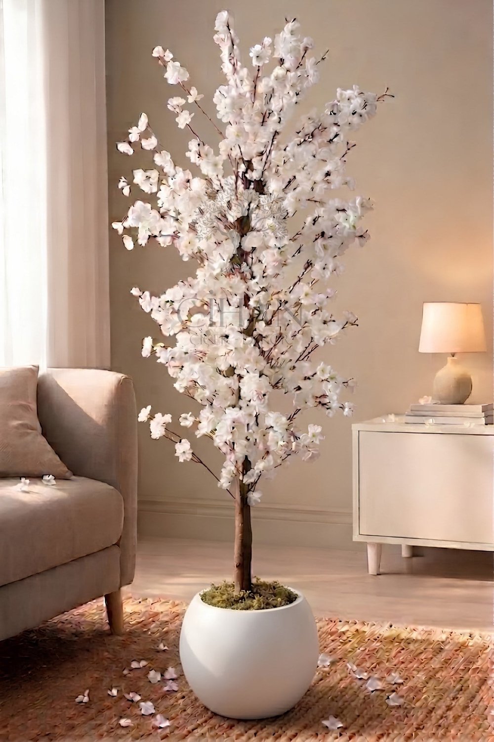 Yapay Beyaz Bahar Dalı Ağacı 160cm- 27x33 cm Küre Saksılı