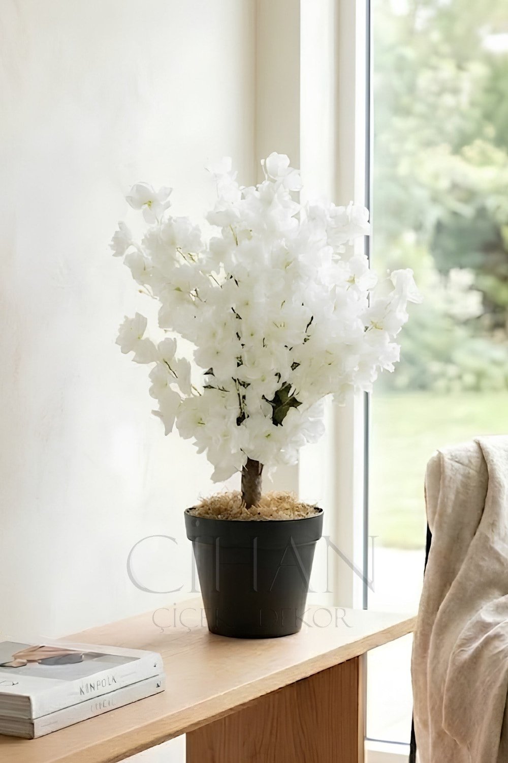 Yapay Beyaz Bahar Dalı Ağacı Plastik Saksılı - 60 Cm