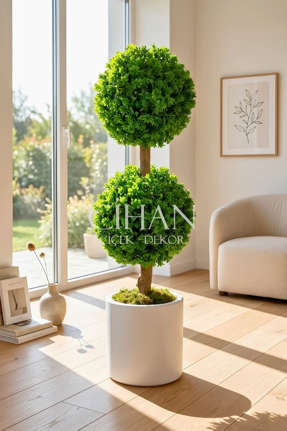 Yapay Çift Katlı Top Şimşir Ağacı U.V. Dayanıklı 100 cm (Şimşir Çapı 35 cm) Plastik Silindir Saksılı
