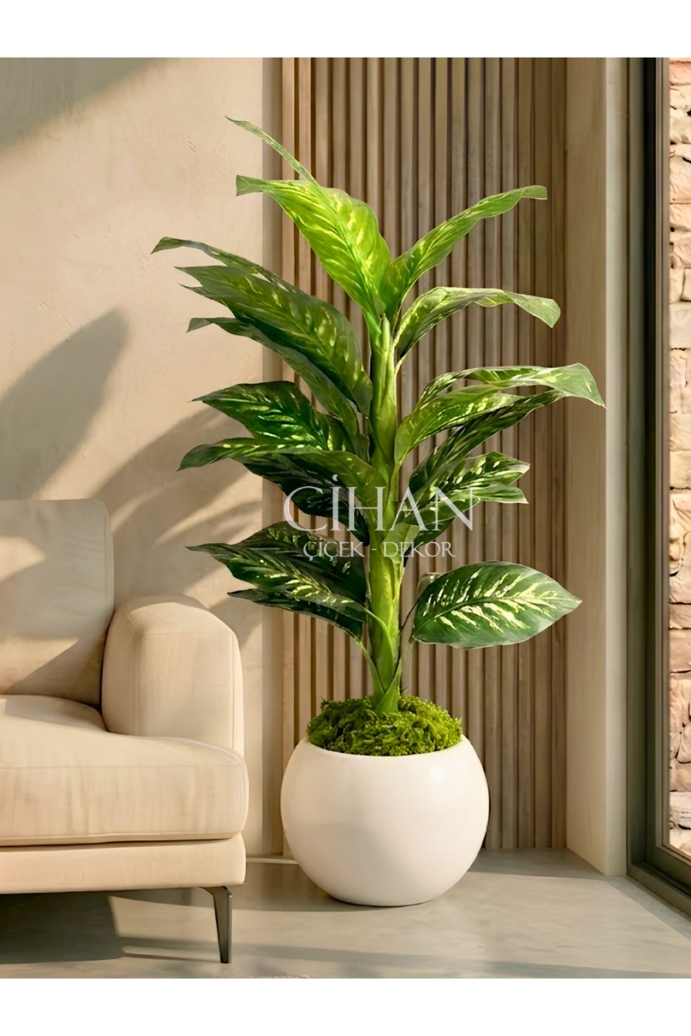 Yapay Difenbahya Ağacı 120 cm 27x33 cm Beyaz Küre Saksı