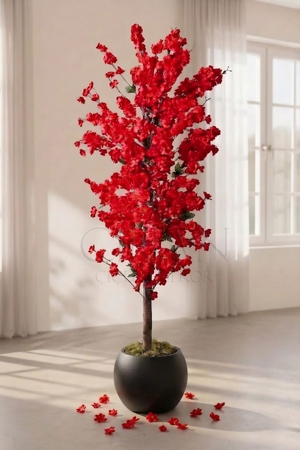 Yapay Kırmızı Bahar Dalı Ağacı 200 cm Küre Saksılı