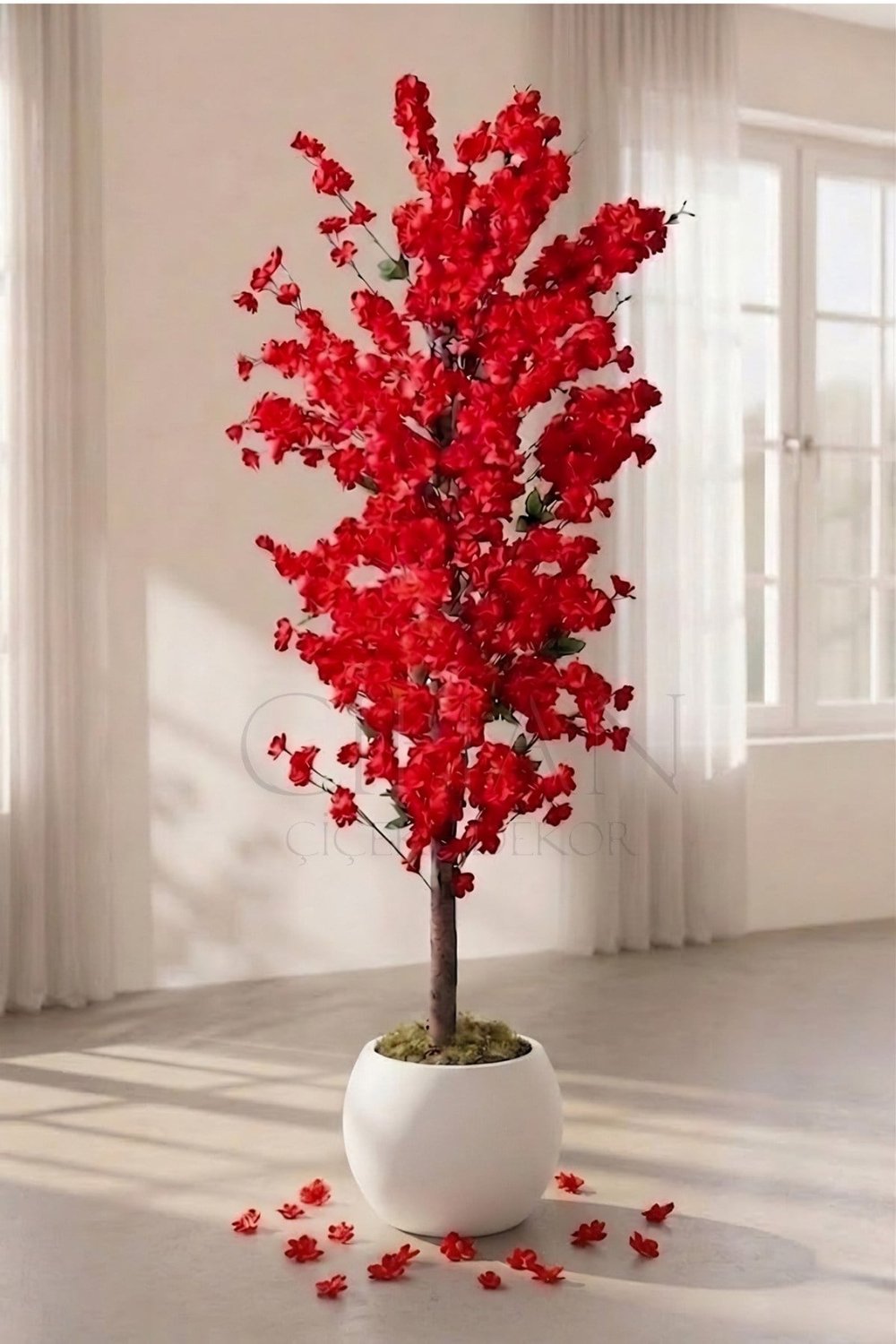 Yapay Kırmızı Bahar Dalı Ağacı 200 cm Küre Saksılı