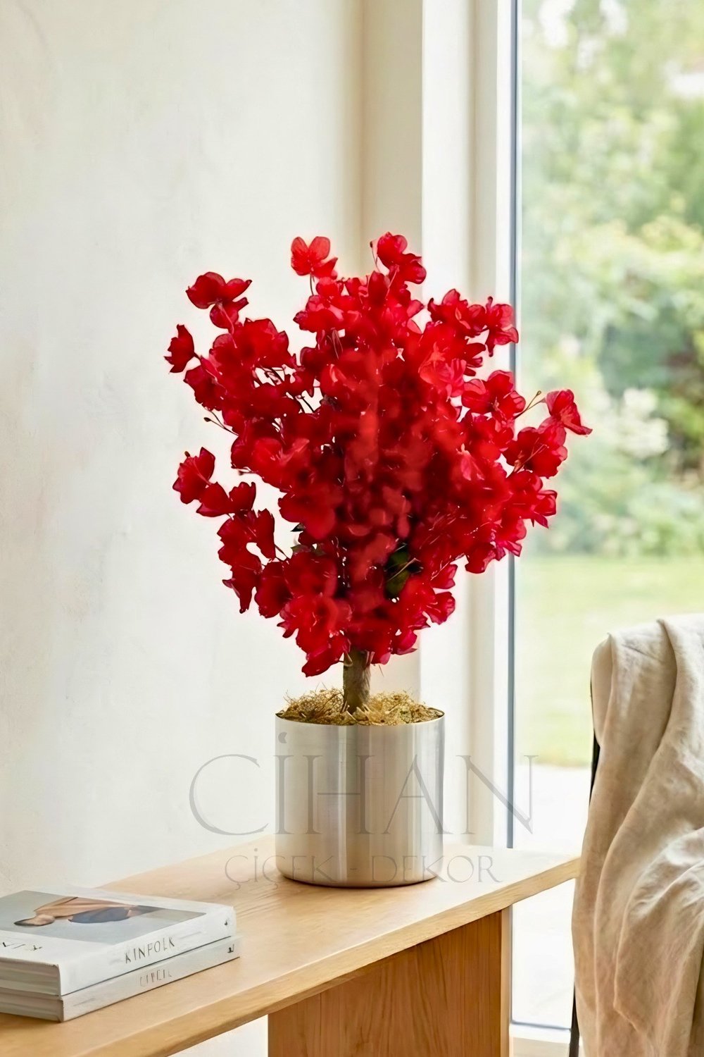 Yapay Kırmızı Bahar Dalı Ağacı Metal Saksılı - 60 Cm