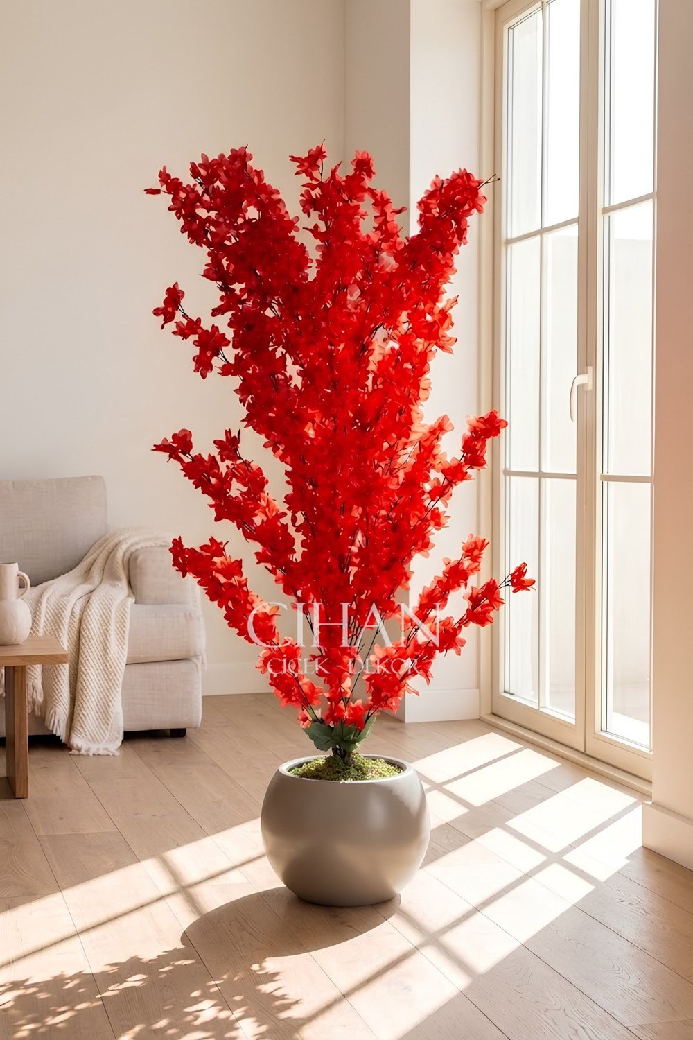Yapay Kırmızı Sakura Kiraz Çiçeği Ağacı 120 cm - Küre Plastik Saksılı 27x33 cm Saksı