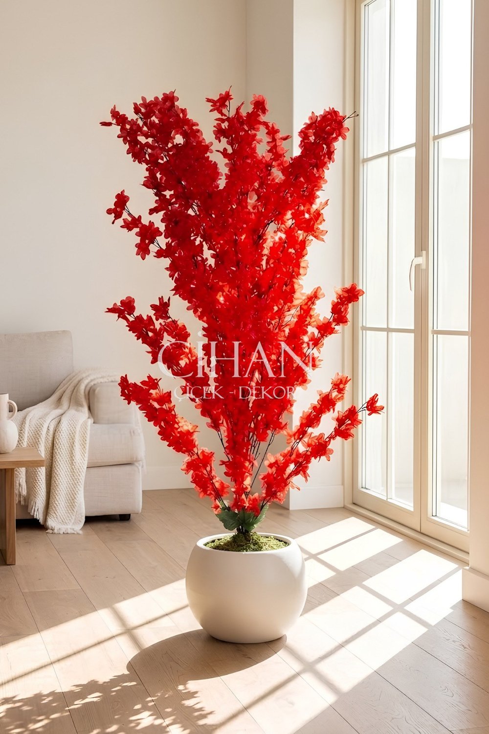 Yapay Kırmızı Sakura Kiraz Çiçeği Ağacı 120 cm - Küre Plastik Saksılı 27x33 cm Saksı
