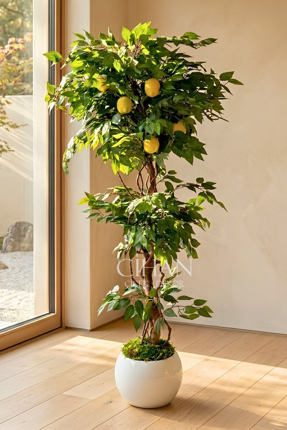 Yapay Limon Ağacı 180 cm - 6 Limonlu Beyaz Küre Saksılı 27x33 cm