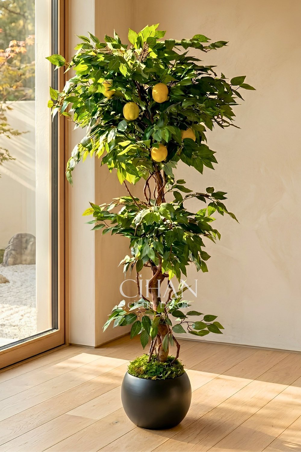 Yapay Limon Ağacı 180 cm - 6 Limonlu Siyah Küre Saksılı 27x33 cm