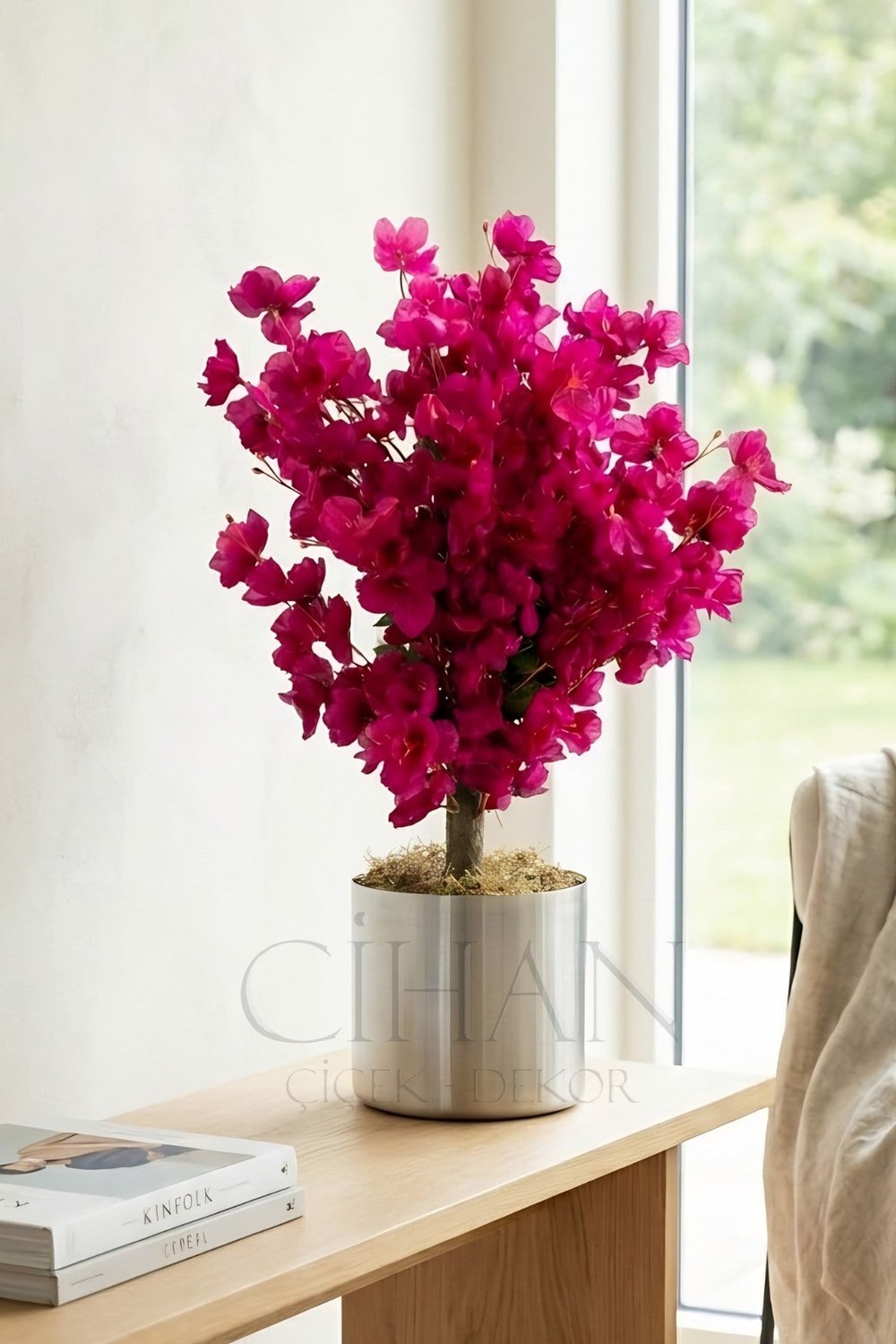 Yapay Mor Bahar Dalı Ağacı Metal Saksılı - 60 Cm