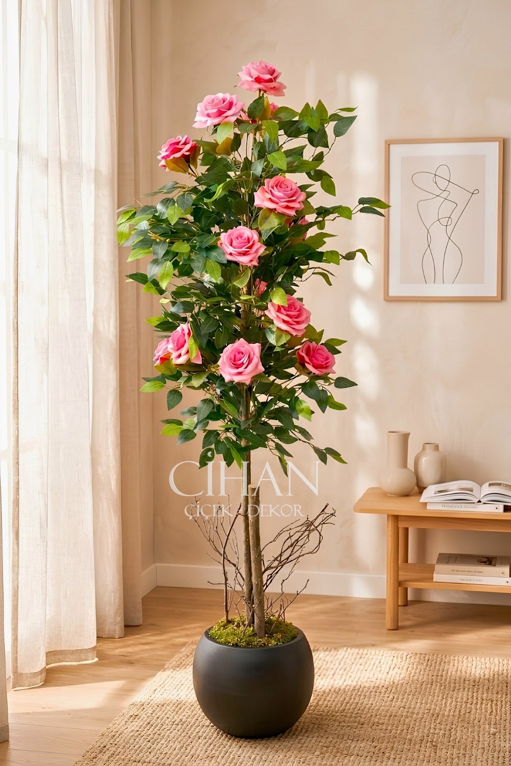 Yapay Pembe Gül Ağacı 150 cm 27x33 Siyah Küre Saksılı