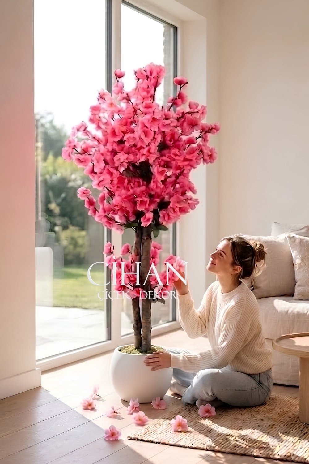 Yapay Pembe Japon Bahar Dalı Ağacı 100 cm Beyaz 27*33 Küre Saksılı