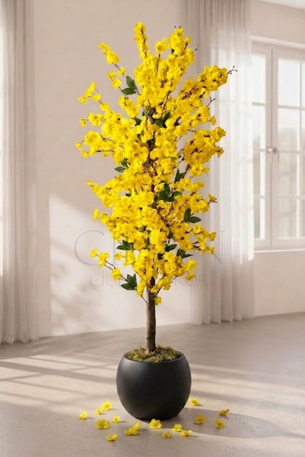 Yapay Sarı Bahar Dalı Ağacı 140 cm Küre Saksılı