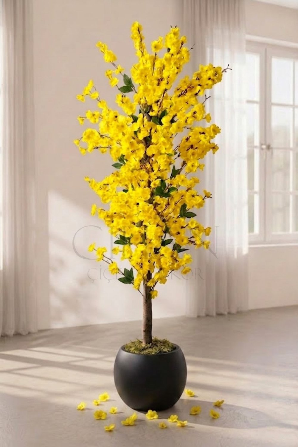 Yapay Sarı Bahar Dalı Ağacı 180 cm Küre Saksılı