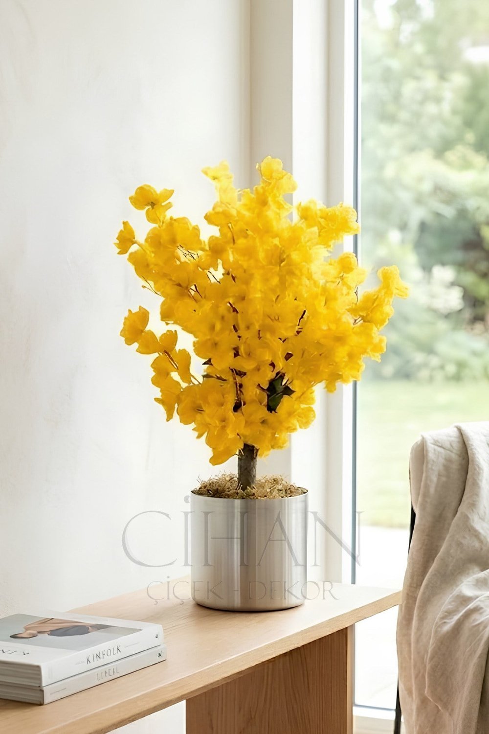 Yapay Sarı Bahar Dalı Ağacı Metal Saksılı - 60 Cm