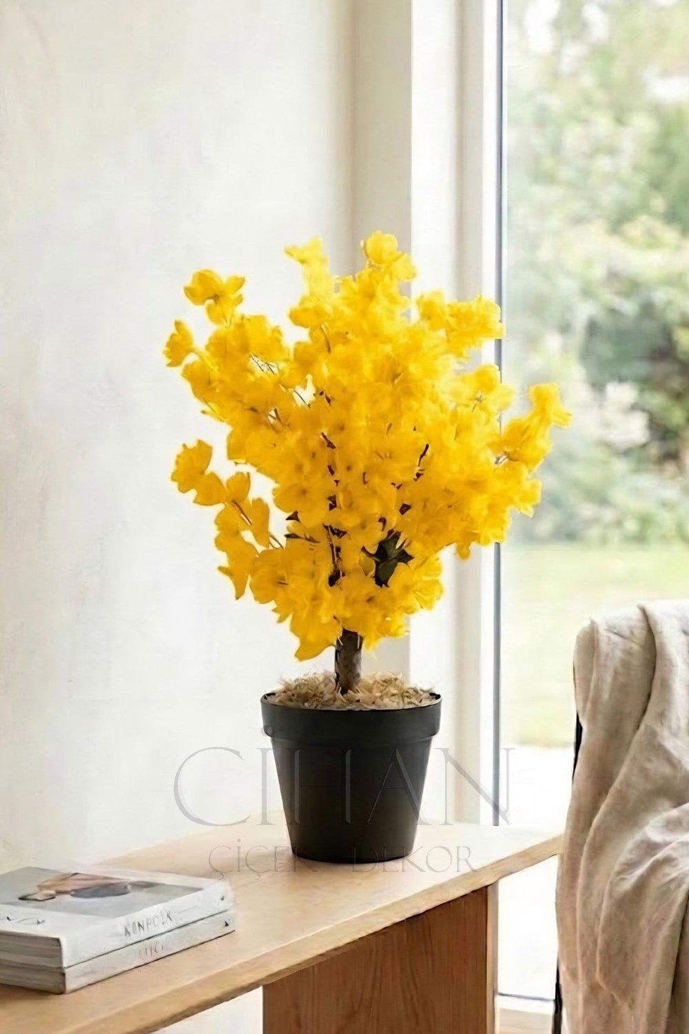 Yapay Sarı Bahar Dalı Ağacı Plastik Saksılı - 60 Cm